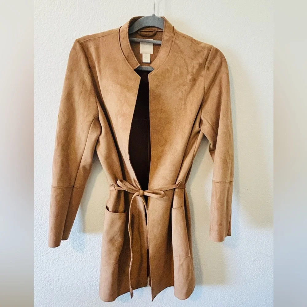 H&M Camel Brown Minimalist Quiet Luxury Faux Suede Coat SZ 4 - Picture 1 of 8